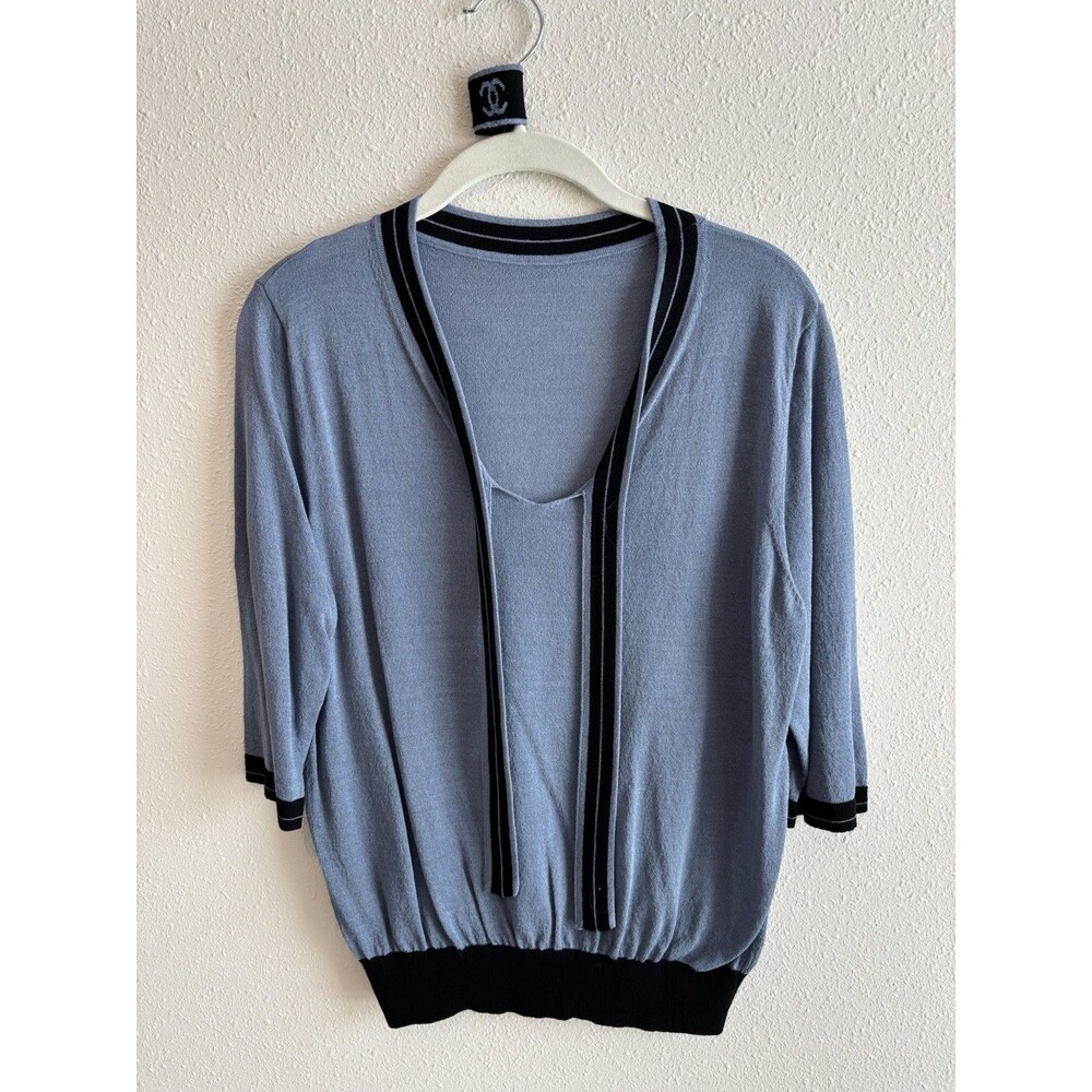 Vintage Y2K Logo Knit‎ Tie Neck Sweater Blue Monogram Scarf Top Retro 90s